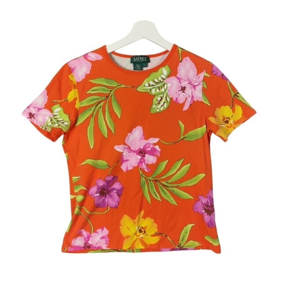 Ralph Lauren LRL Womens Coastal Tropical Floral L Shirt Short Sleeve Top Orange